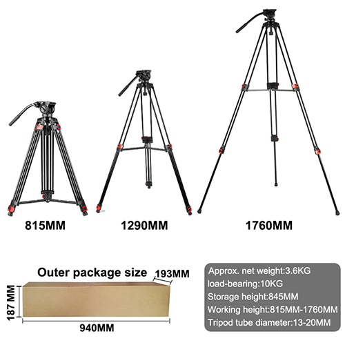 OEM Photography Camera 1.8m Professional Heavy Duty Aluminum Alloy Camera Video Tripod with Panoramic Fluid Damping Head