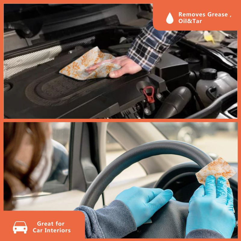 Degreasing cleaning wipes to remove oil stains from hands or tables