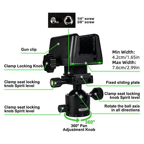 OEM CNC Aluminum 360 Degree Ball Head Shooting Saddle Rest Clamp for Hunting Shooting Stick Monopod Tripod