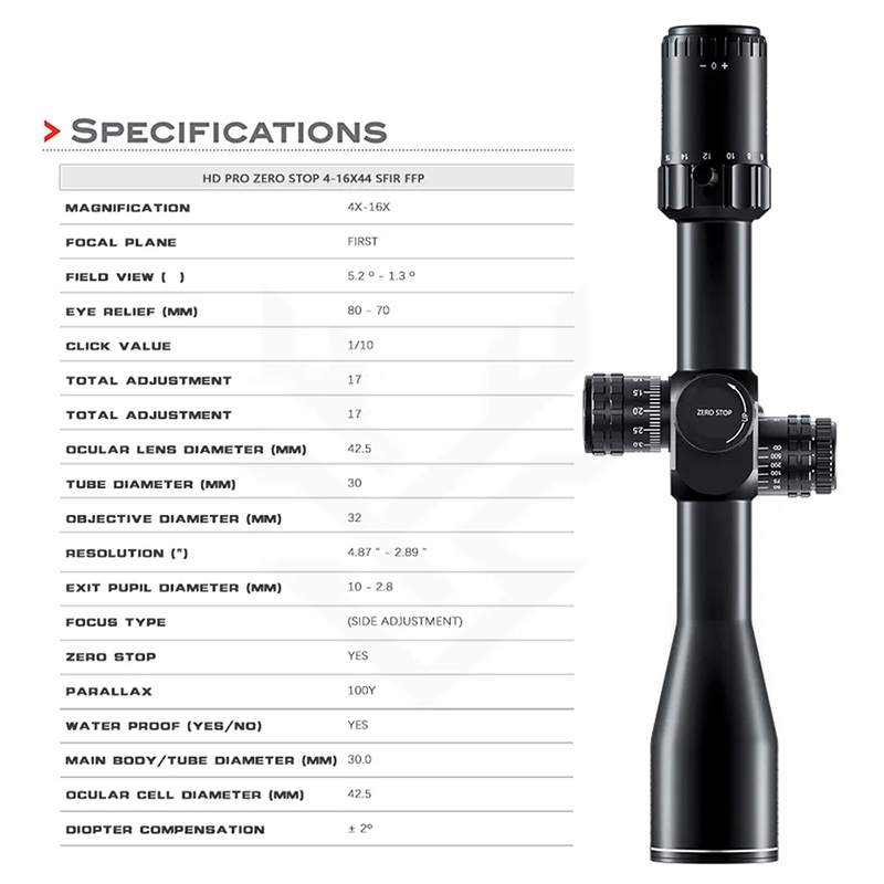 Optics HD PRO ZERO STOP 4-16x44 SFIR FFP High Shock Resistance Hunting